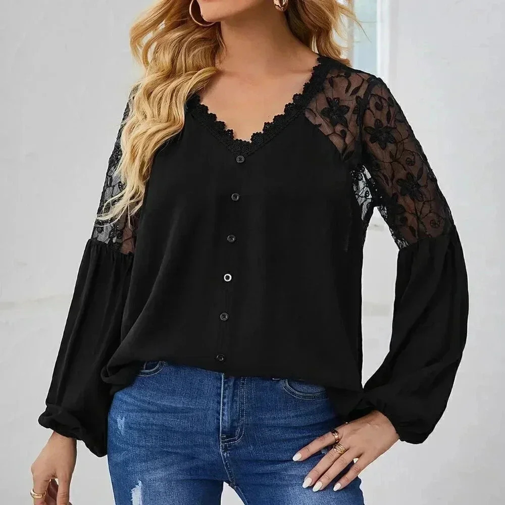 Black Casual Women's Guipure Lace Trim Embroidery Mesh Insert Blouse